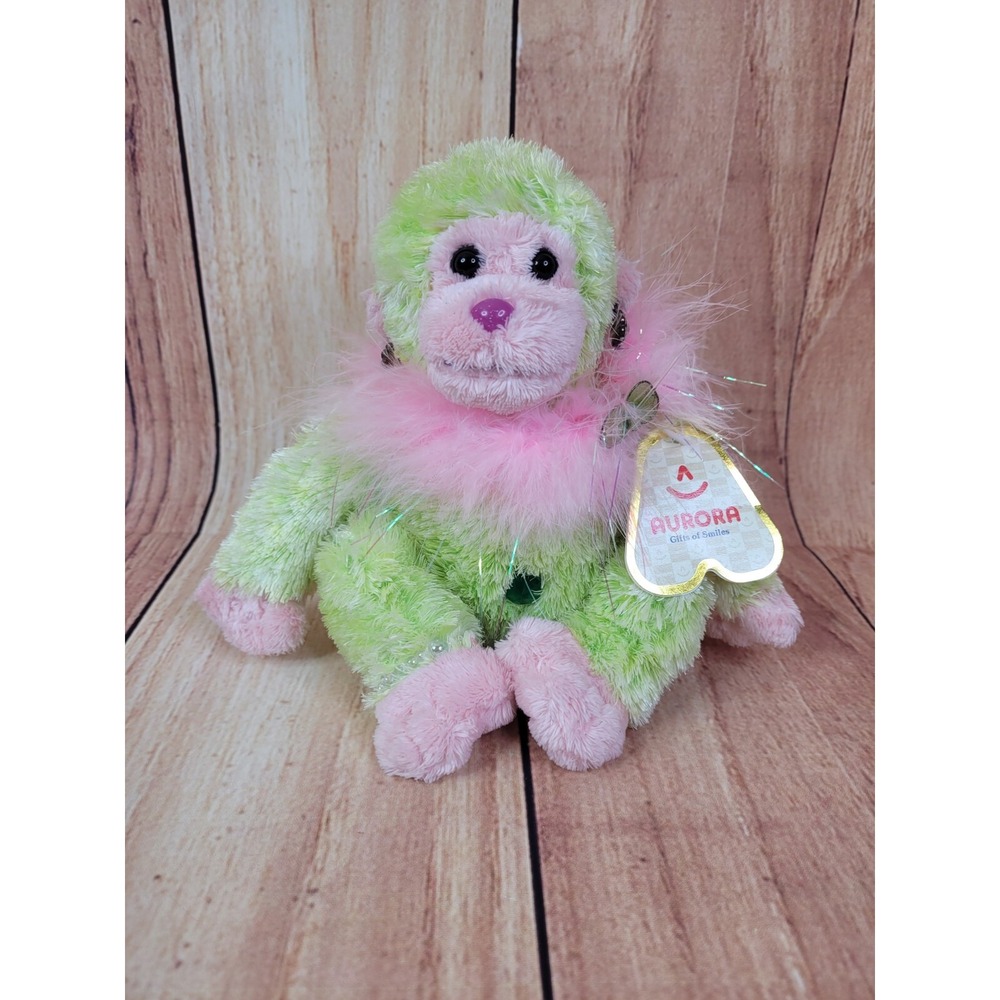 Aurora Cheeky Chimp Monkey 8" Plush Stuffed Animal Green with Jewelry VINTAGE